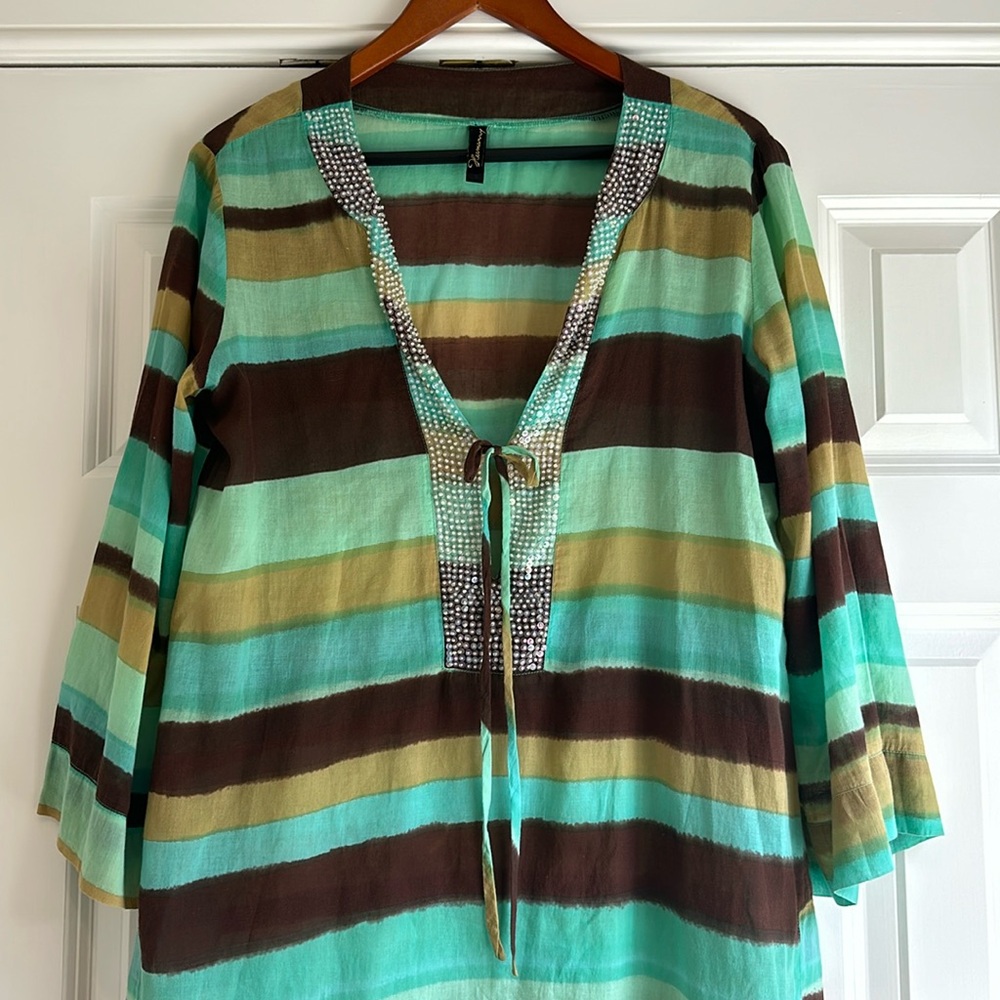 Hermanny by VIX sheer brown, teal, turquoise striped cover-up/top